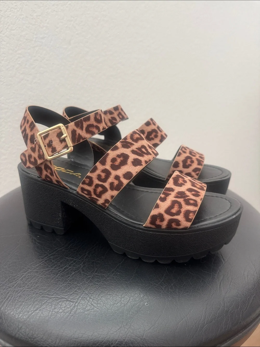 Soda Leopard-Print Strappy Platform Sandals in Brown and Black